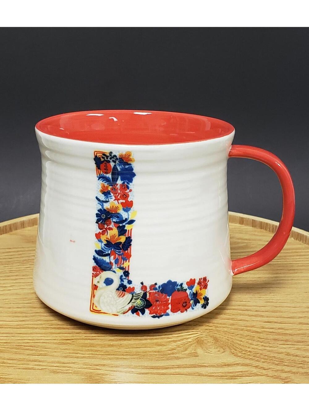 Anthropologie Floral Monogram "L" By Nathalie Lete Red Interior Ceramic Mug